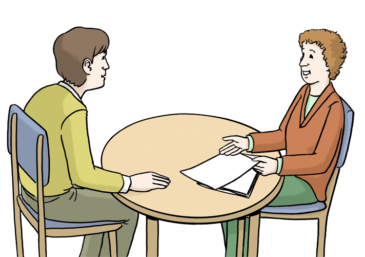 Beratung Illustration: Zwei Menschen sitzen an einem Tisch. Sie beraten sich.