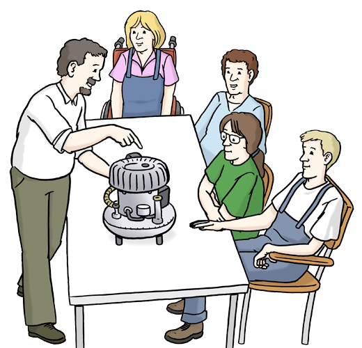 Berufsbildungsbereich Illustration: Ein Mann erklärt vier jungen Menschen eine Maschine. Der Mann steht. Die anderen sitzen an einem Tisch.