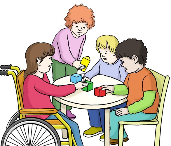 Kindergarten Illustration: Vier Kinder sitzen an einem Tisch und spielen. Sie sind im Kindergarten. Ein Kind sitzt im Rollstuhl.