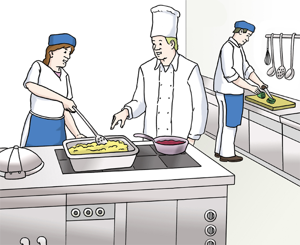 Groß-Küche Illustration: Drei Menschen arbeiten in einer Großküche.