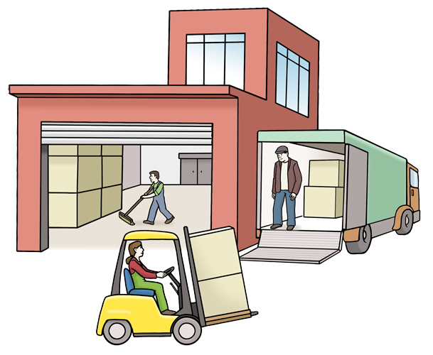 Arbeiten im Lager Illustration: Verschiedene Menschen arbeiten im Lager einer Firma.