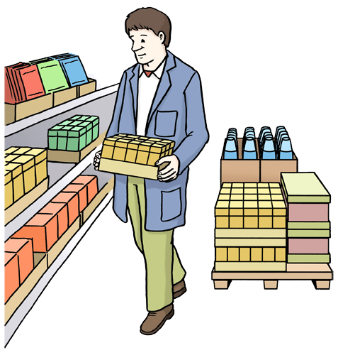 Supermarkt Illustration: Ein Mann arbeitet in einem Supermarkt. Er trägt einen blauen Kittel. Er hat Lebensmittel in der Hand. Er will sie in ein Regal einräumen.