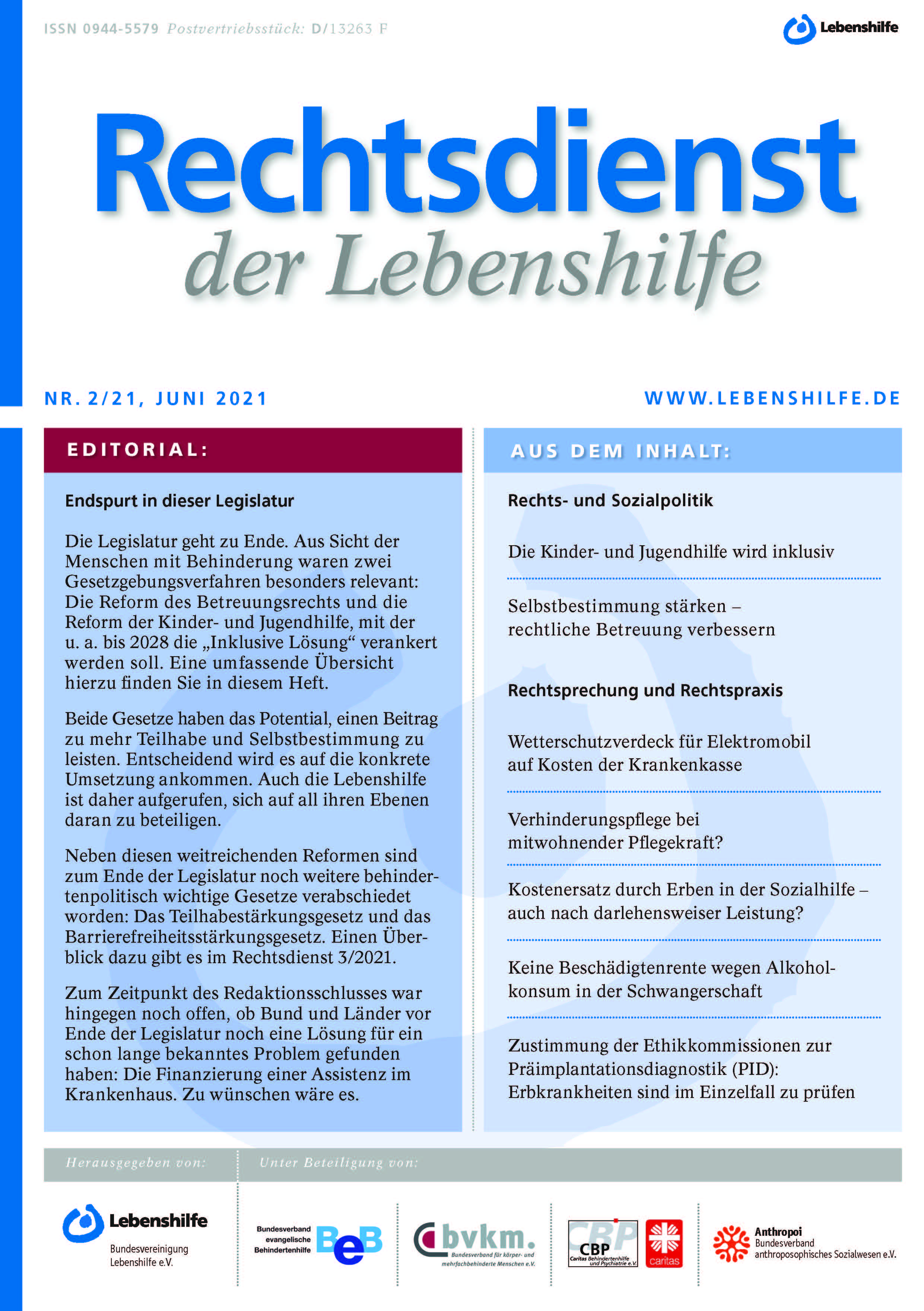 Hier ist das Titelblatt des Rechtsdienstes 2/2021 abgebildet