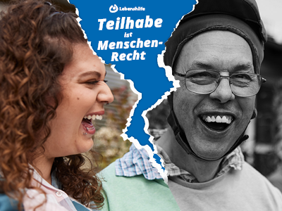 Eine Frau und ein Mann lachen. Ein Riss zeigt die Folgen von fehlender Eingliederungshilfe.
