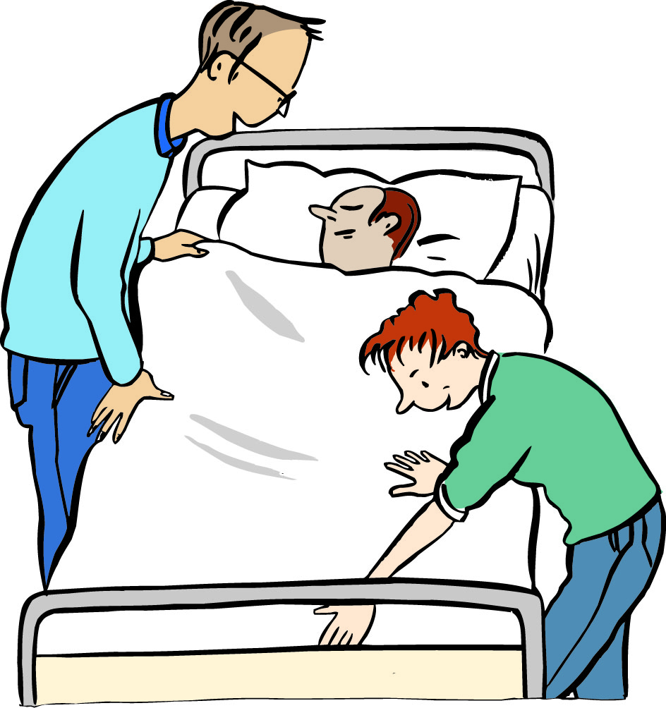 Assistent Bett Ein Mann liegt im Pflege-Bett. Zwei Menschen betreuen ihn.