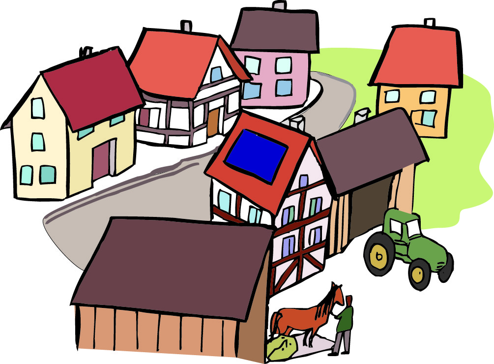 Dorf Dorf mit Häusern, Traktor und Tieren