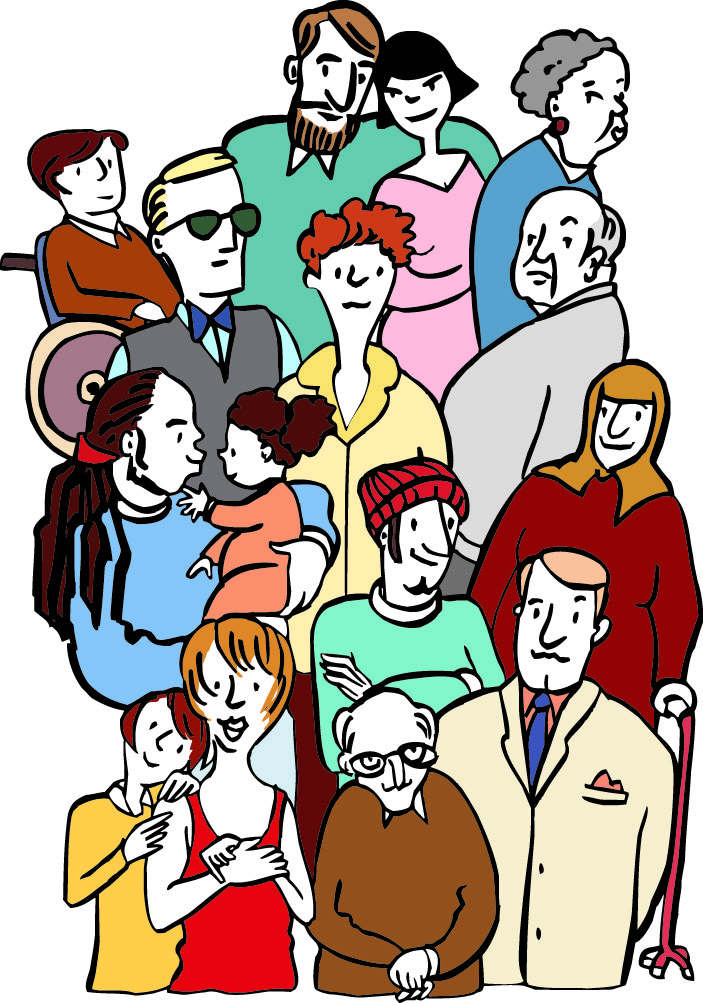 Eine Gesellschaft funktioniert besser, wenn sich alle Menschen unterstützten. Auf dem Bild sind viele verschiedene Menschen zu sehen. Eine Gesellschaft funktioniert besser, wenn sich alle Menschen unterstützten. Auf dem Bild sind viele verschiedene Menschen zu sehen.