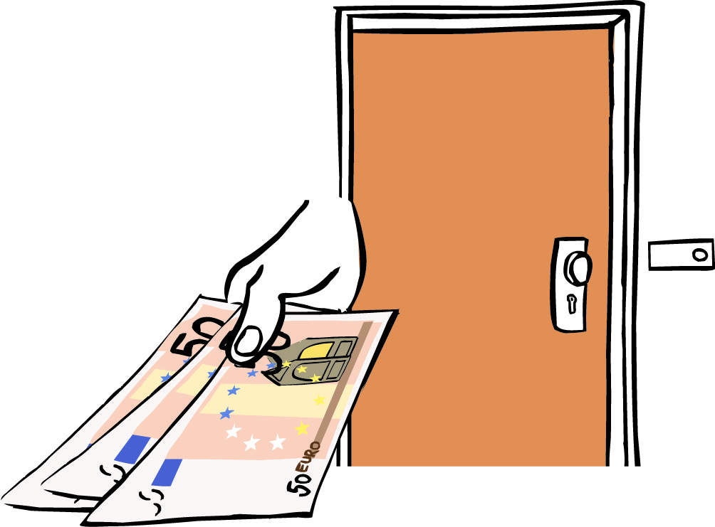 Eine Wohnungs-Tür und eine Hand mit Geld.