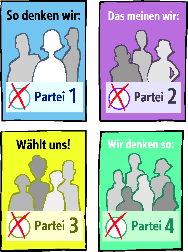 4 Wahl-Plakate von Parteien.