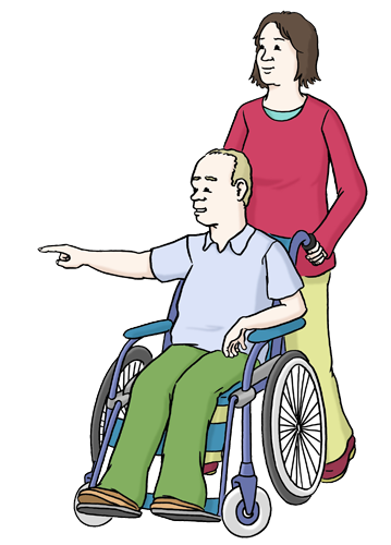 Assistenz Ein Mann sitzt in einem Rollstuhl. Er sagt seiner Assistenz, wohin er möchte.