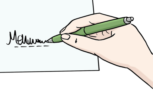 Unterschrift unter eine Patienten-Verfügung. Unterschrift unter eine Patienten-Verfügung.
