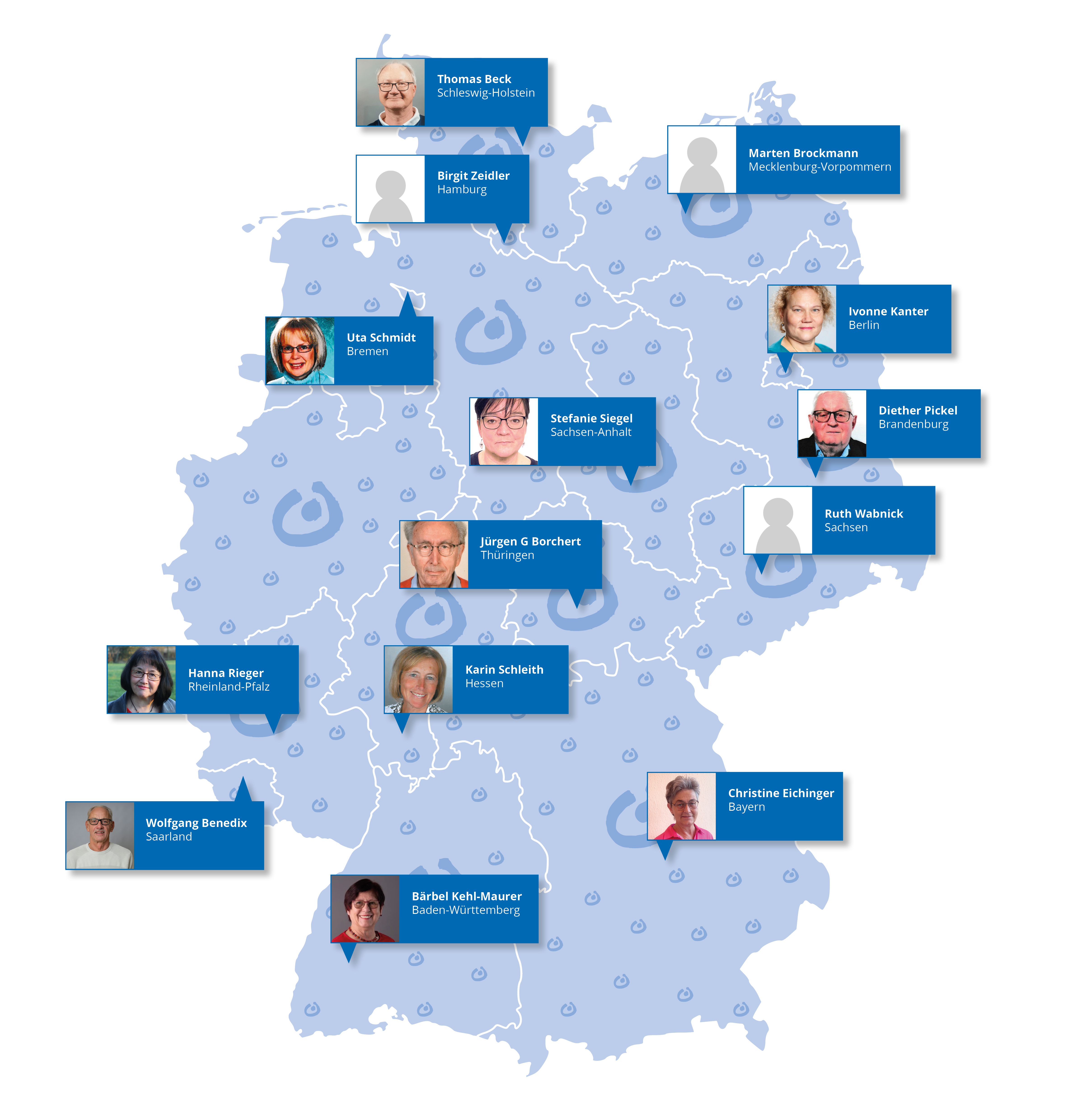 Abbildung einer Deutschlandkarte mit den Mitgliedern vom Rat der Eltern und Angehörigen