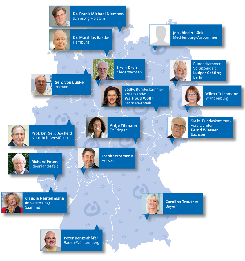 Abbildung einer Landkarte mit den Mitgliedern der Bundeskammer und ihre Bundesländern