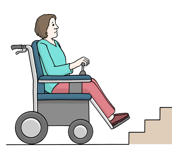 Barrieren, © Lebenshilfe für Menschen mit geistiger Behinderung Bremen e. V., Illustrator Stefan Albers, Atelier Fleetinsel, 2013 Eine Frau im Rollstuhl vor einer Treppe. Das ist für sie eine Barriere