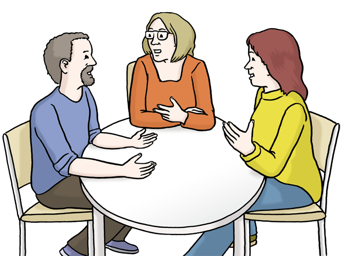 Diskussion, © Illu: ©Lebenshilfe für Menschen mit geistiger Behinderung Bremen e. V., Illustrator Stefan Albers, Atelier Fleetinsel, 2013 Diskussion, © Illu: ©Lebenshilfe für Menschen mit geistiger Behinderung Bremen e. V., Illustrator Stefan Albers, Atelier Fleetinsel, 2013