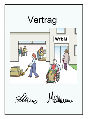 Vertrag Werkstätten-Mitwirkungs-Verordnung: © Lebenshilfe für Menschen mit geistiger Behinderung Bremen e. V., Illustrator Stefan Albers, Atelier Fleetinsel, 2013