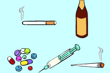 Alkohol, Zigaretten, Tabletten, Joint und Spritze.