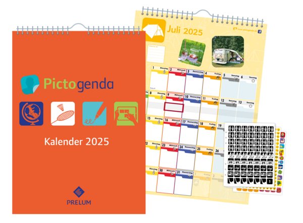 Titelbild Wandkalender in orange und eine Innenseite in verschiedenen Farben. Hier ist das Produkt Pictogenda Wandkalender 2024 abgebildet. Er ist orange und zeigt verschiedene Motive von den zugehörigen Stickern wie einen Malpinsel oder einen Computer.