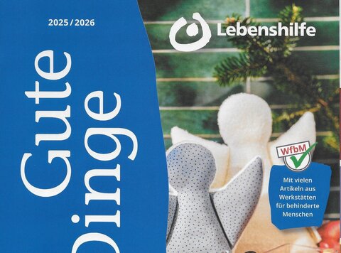 Das Bild zeigt das Cover des Gute-Dinge-Katalogs 2025/2026 mit zwei weißen Engelsfiguren und einem Tannenzweig.