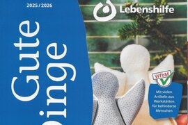 Das Bild zeigt das Cover des Gute-Dinge-Katalogs 2025/2026 mit zwei weißen Engelsfiguren und einem Tannenzweig.