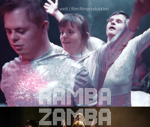 Ausschnitt vom Filmplakat RAMBA ZAMBA, rechts ist Sebastian Urbanski zu sehen, in der Mitte Juliana Götze.