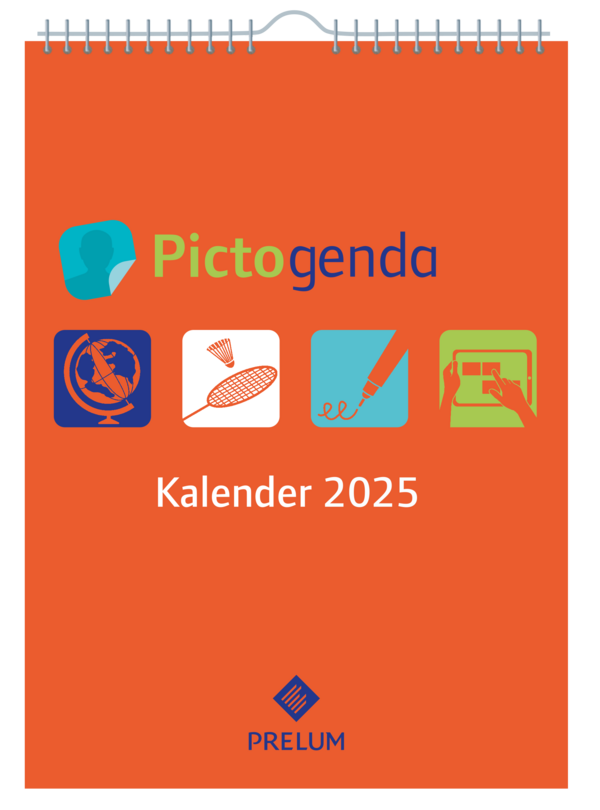 Pictogenda Wandkalender 2025 Hier ist das Produkt Pictogenda Wandkalender 2024 abgebildet. Er ist orange und zeigt verschiedene Motive von den zugehörigen Stickern.