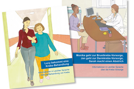 Zwei Broschüren des Lebenshilfe-Verlages erklären Krebsvorsorge und -behandlung in Leichter Sprache. Das Foto zeigt die zwei Titelbilder: Eine Frau hat eine andere Frau untergehakt. Und: Eine Frau spricht am Schreibtisch mit einer Ärztin.