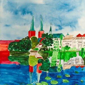 Das Bild zeigt das Cover der Lebenshilfe-Kalenders SEH-WEISEN 2019. Das Titelbild "Lübecker Dom, über den Mühlenteich hinüber gesehen" stammt von Heike Stamer. Es ist ein farbenprächtiges Aquarell.
