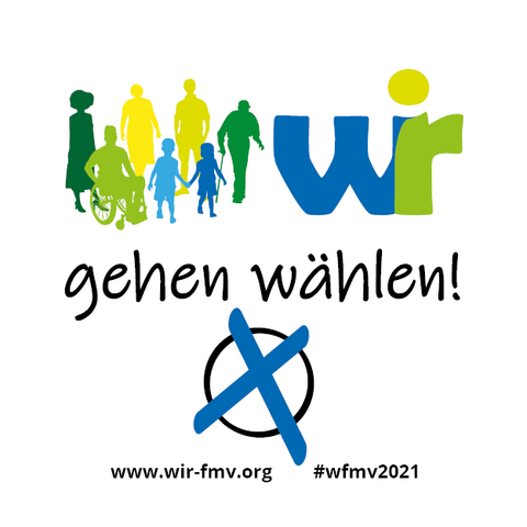 Logo-Schriftzug "WIR gehen wählen". Darunter ein Kreis mit einem Kreuz wie auf einem Wahlzettel. 