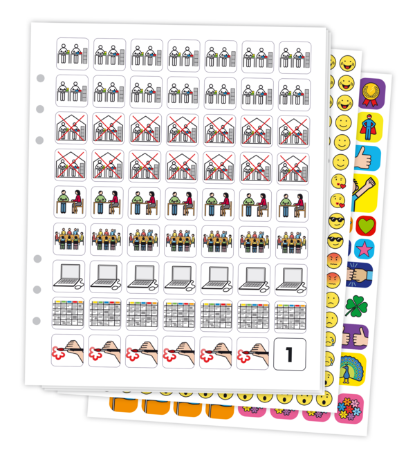 Ein Stapel METACOM-Aufkleber mit Symbolen aus dem Alltag. Die Symbole zeigen Menschen in verschiedenen Aktivitäten. Die Bildsymbole zeigen zum Beispiel Emojis und Gegenstände.