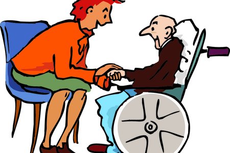 Eine Frau besucht einen alten Mann im Rollstuhl
