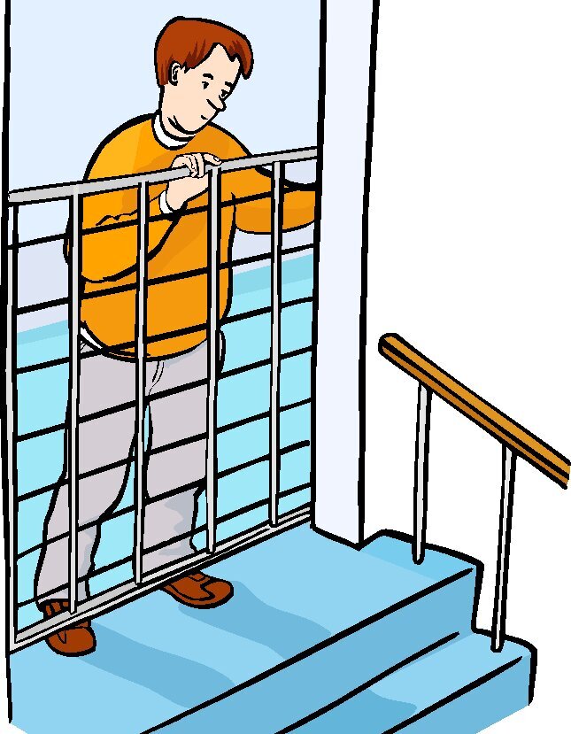 Freiheit beschränkt Ein Mann steht vor einer Treppe. Vor ihm ist ein Gitter