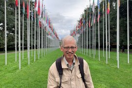 Selbstvertreter Joachim Busch von der Bundesvereinigung Lebenshilfe im August 2023 bei den Vereinten Nationen in Genf. Honorarfreie Fotos in druckfähiger Auflösung gibt es am Ende des Textes.