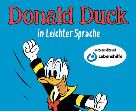 Zu sehen ist Donald Duck, der vor blauem Hintergrund einen Freudensprung macht.