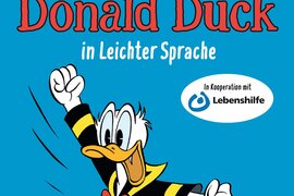 Zu sehen ist Donald Duck, der vor blauem Hintergrund einen Freudensprung macht.