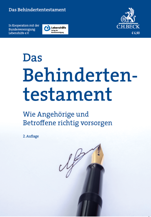 Hier ist das Cover von der Broschüre "Das Behindertentestament" abgebildet. Darauf stehen der Titel, sowie die Herausgeber.