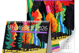 Pascal Berlinghof hat mit „Herbstwald“ das Titelbild des neuen Lebenshlfe-Kalenders SEH-WEISEN 2026 gemalt. Es leuchtet in Gold-, Kupfer- und Rottönen. Ein druckfähges Foto gibt es zum Download am Ende der Medienmitteilung. 