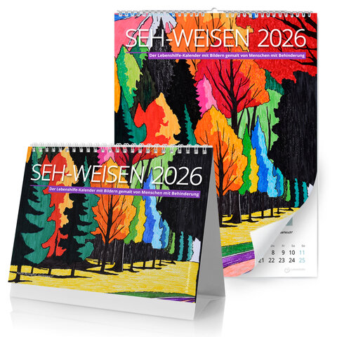 Pascal Berlinghof hat mit „Herbstwald“ das Titelbild des neuen Lebenshlfe-Kalenders SEH-WEISEN 2026 gemalt. Es leuchtet in Gold-, Kupfer- und Rottönen. Ein druckfähges Foto gibt es zum Download am Ende der Medienmitteilung. 